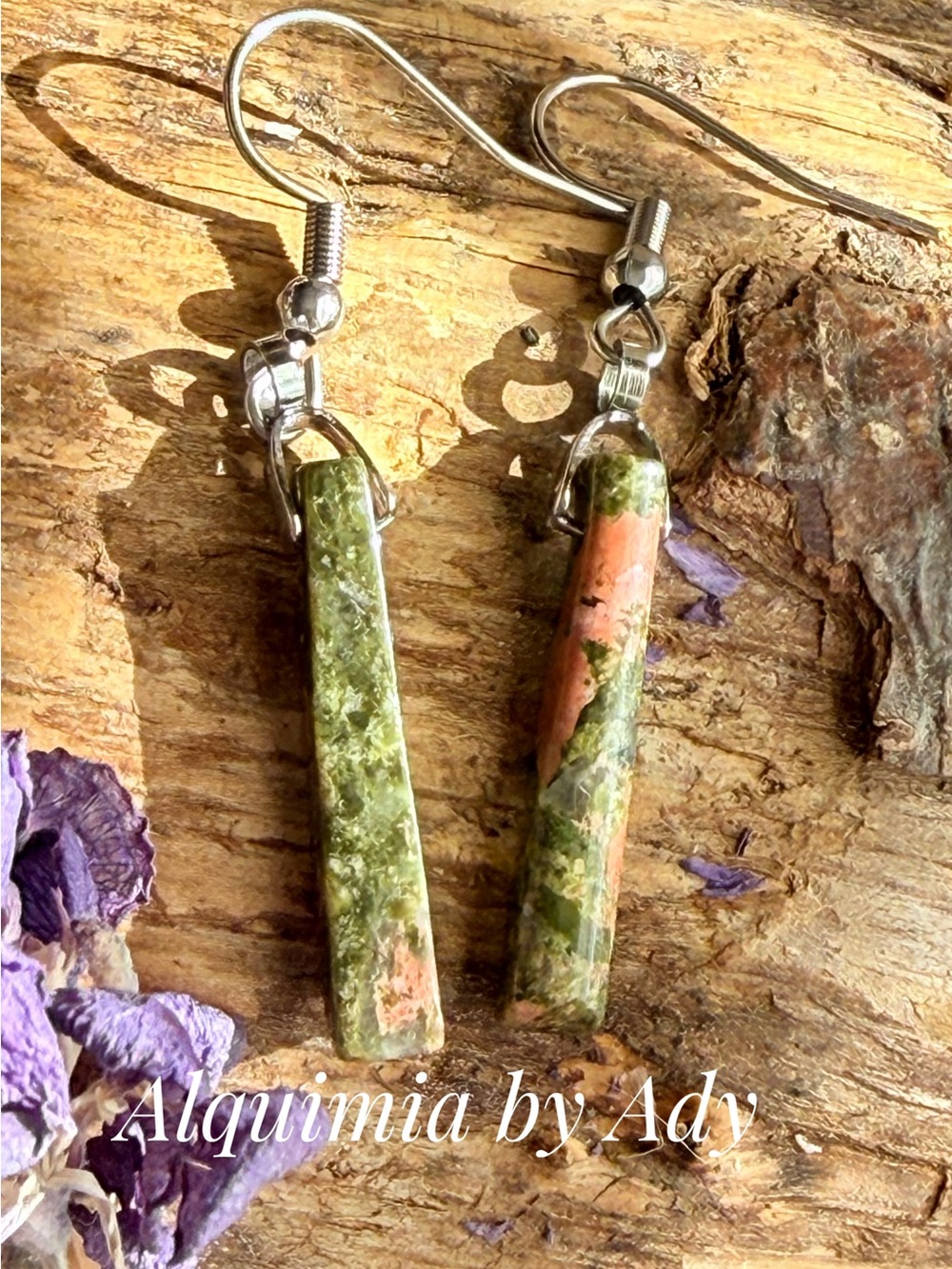 Green and Peach Unakite Dangle Stone Earrings